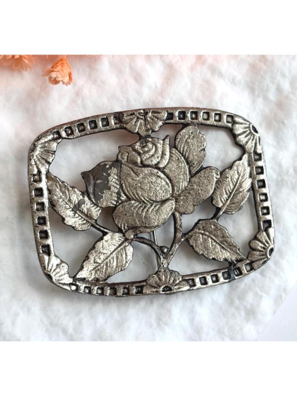 Silver Toned Floral Large Rectangular Shaped Vintage Art Nouveau Inspired Brooch